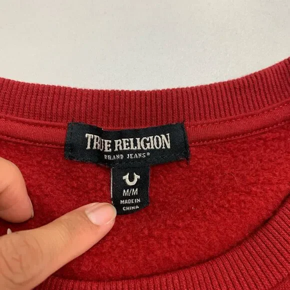 True Religion Sweatshirt Womens Medium Rich Red Fleece Long Sleeve Crew Neck - Picture 8 of 13
